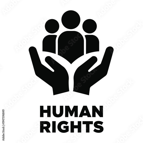A stark black silhouette depicts hands cradling a group of people symbolizing protection and the concept of human rights high quality professional detailed modern