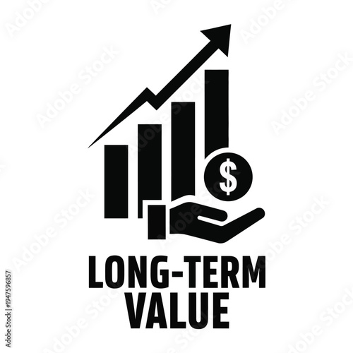 A graphic depicts rising bar charts alongside a hand holding a dollar sign symbolizing long term financial value and growth high quality professional detailed modern