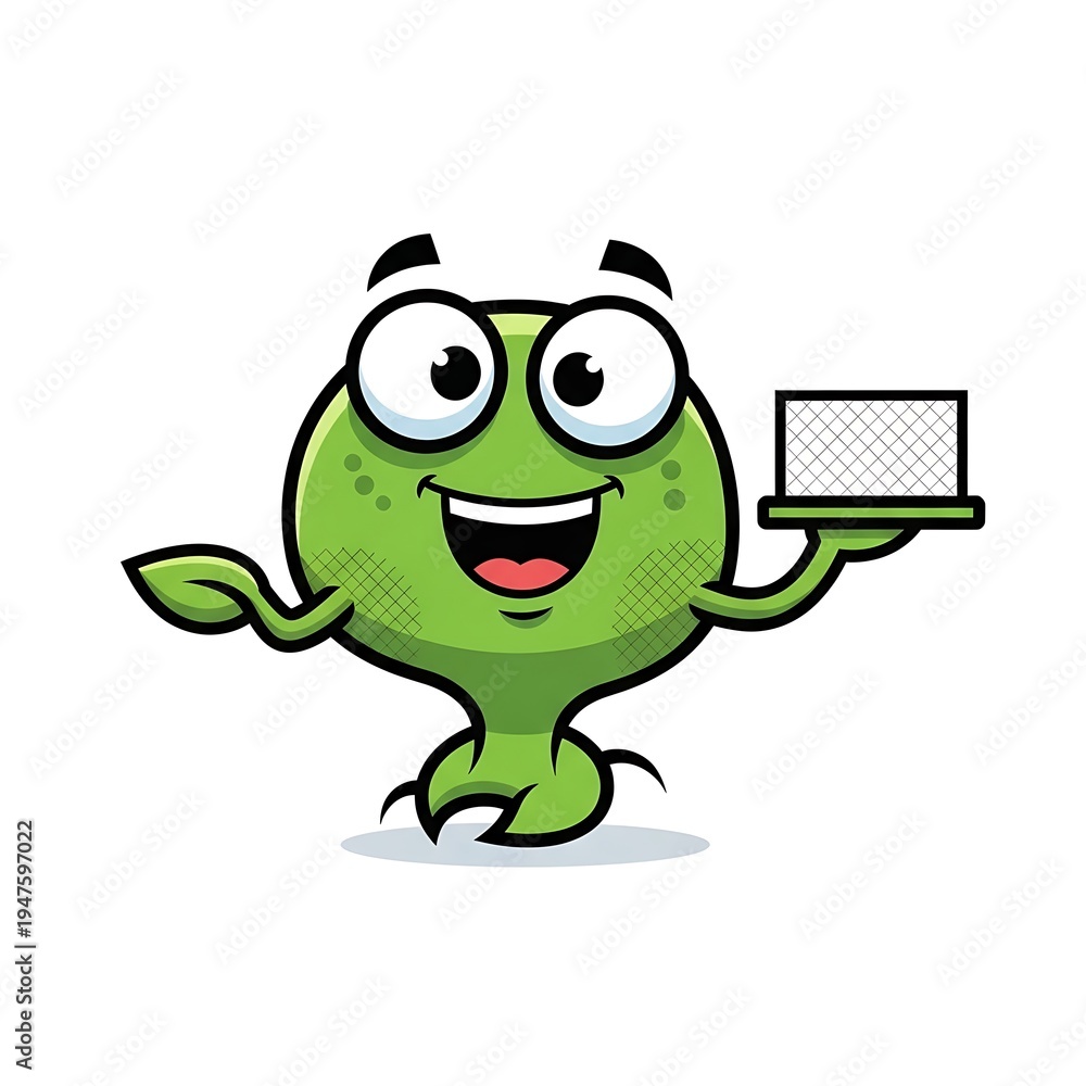 Obraz premium Green cartoon character holding laptop computer.