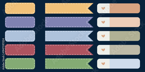 A colorful collection of ribbon banners in various shapes and sizes on a dark blue background