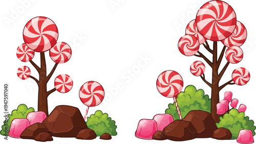 Sweet candy land vector illustration with lollipop trees, chocolate rocks, pink candies, and green bushes, perfect for children's books, game backgrounds, or whimsical dessert shop branding