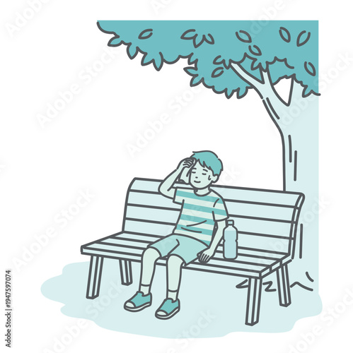 木陰のベンチで休憩して涼む男の子（子供）のイラスト