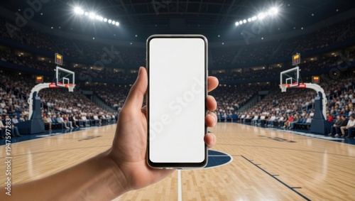 Empty smartphone screen held in basketball court with bright lights and audience in background