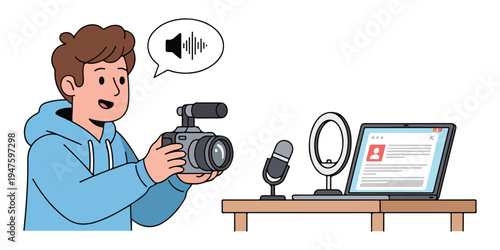 Content Creator Filming With Camera and Microphone For Online Video Production