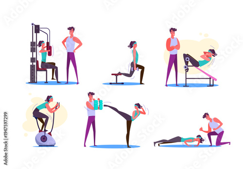 Personal trainer guiding gym session with physical exercises. Individual fitness instructor, sports workout. Professional coach supervision. Fitness training, health exercise