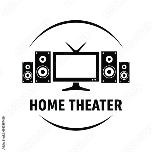 A black and white graphic depicts a home theater system including a flat screen television and surrounding speakers framed within a circular design high quality professional detailed