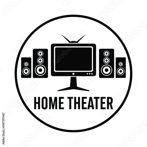 A minimalist black and white circular icon depicts a home theater setup including a television and speakers with text high quality professional detailed modern elegant stylish