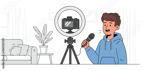 Young man recording a video with a ring light and camera setup