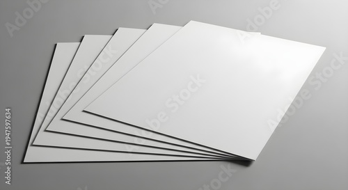 Stack of blank white papers, fanned out on gray background, empty sheets for writing or printing