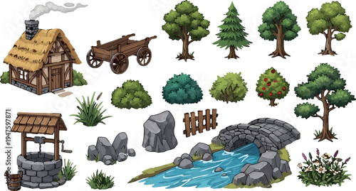Fantasy game environment pixel art vector asset set featuring a rustic thatched cottage, wooden cart, stone well, various trees, bushes, rocks, a wooden fence