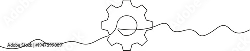 A continuous one line drawing of a gear or cogwheel connected by a wavy path symbolizing process and engineering, ideal for technology presentations or business solution infographics. Single-line draw