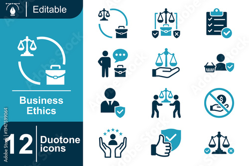 Business ethics icon set. Corporate integrity concept, fair business practice, compliance regulation system, ethical leadership, transparent management policy, responsible business conduct and more. D