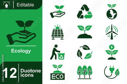 Ecology icon set. Green energy system, environmental protection, renewable resources, sustainability concept, recycling process, eco friendly development and more. Duotone vector icons collection.
