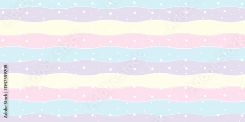 A colorful and vibrant striped pattern with pastel colors and white polka dots