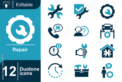 Repair icon set. Technical maintenance service, mechanic tools support, equipment troubleshooting, repair workshop process, service technician assistance and more. Duotone vector icons collection.