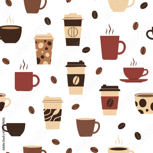 A collection of coffee cups and beans in various styles and colors