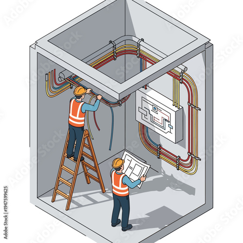 Electrical engineers installing wiring and equipment inside a concrete utility vault.