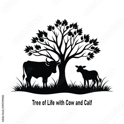 Tree of Life Silhouette with Cow and Calf in Grassy Field
