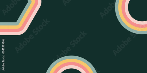 A vibrant and colorful graphic design featuring pastel rainbow shapes on a dark green background