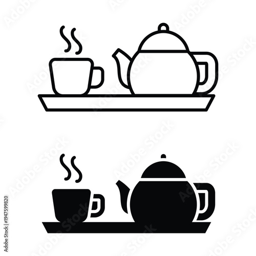 Teapot and hot cup of tea served on a tray for breakfast and hospitality concept as icon vector illustration