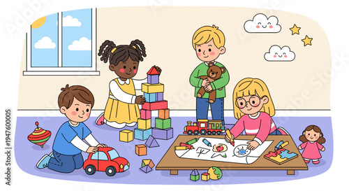 Diverse group of young children engaged in various playful activities in a bright, sunlit playroom, including building blocks, drawing, and playing with toys.