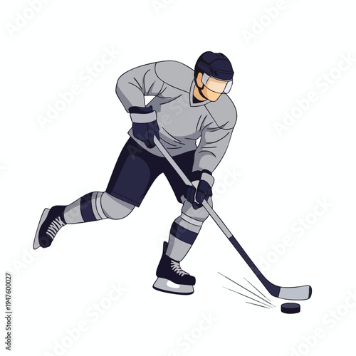 Hockey player in motion on ice, stick hitting puck with speed lines