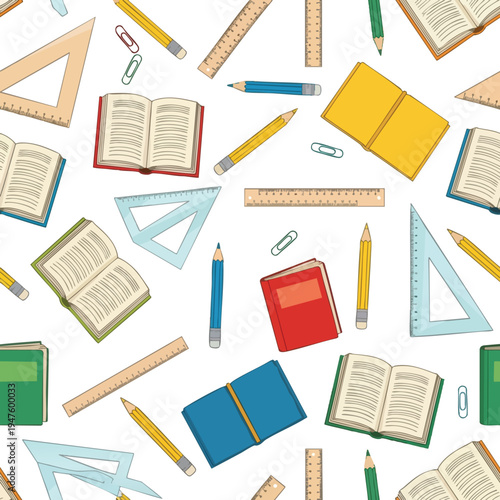 A repeating pattern of open and closed books, pencils, rulers, and paper clips