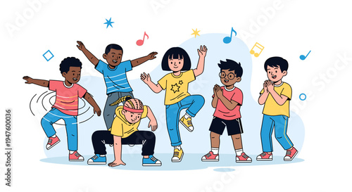 A diverse group of happy children of various ethnicities joyfully dancing and celebrating together with musical notes floating around them.