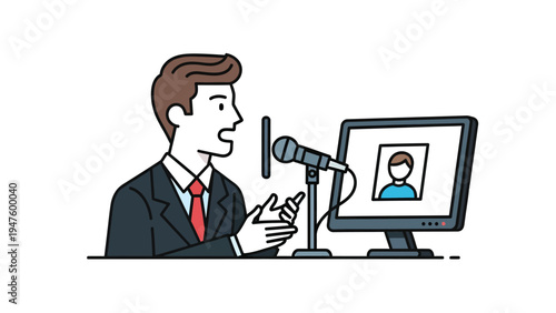 Man Speaking into Microphone with Computer Monitor for Virtual Meeting or Podcast. Online Communication Illustration.