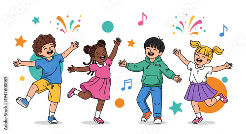 Four diverse children joyfully dancing and celebrating with colorful confetti and musical notes, embodying happiness and childhood fun.