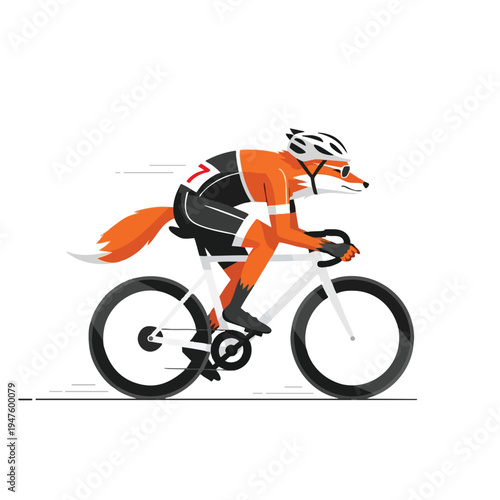 Anthropomorphic fox in cycling gear races forward on a white bicycle