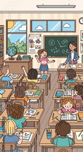 A lively classroom scene with a teacher and students engaged in a lesson, featuring a girl presenting at the front.