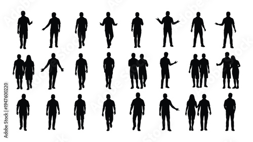 A collection of black silhouettes of people in various poses