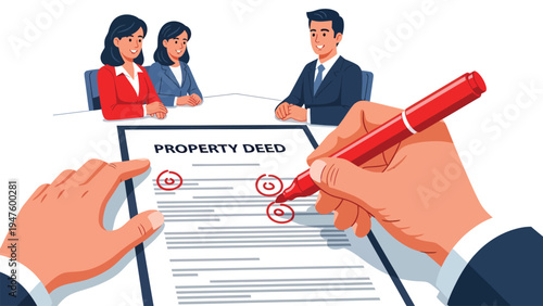 Hand signing a property deed with legal professionals present. Real estate transaction, document review, and ownership transfer concept.