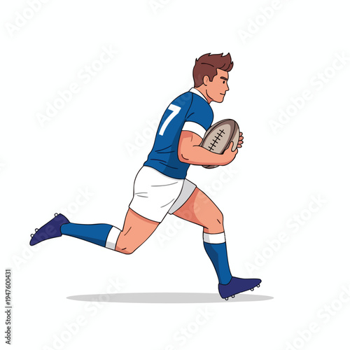 Athletic man in blue jersey number seven and white shorts runs with oval ball