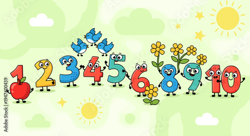 Cartoon numbers 1 to 10 with cheerful faces and associated objects like an apple, birds, and flowers on a bright green background with clouds and sun, designed for children's education.