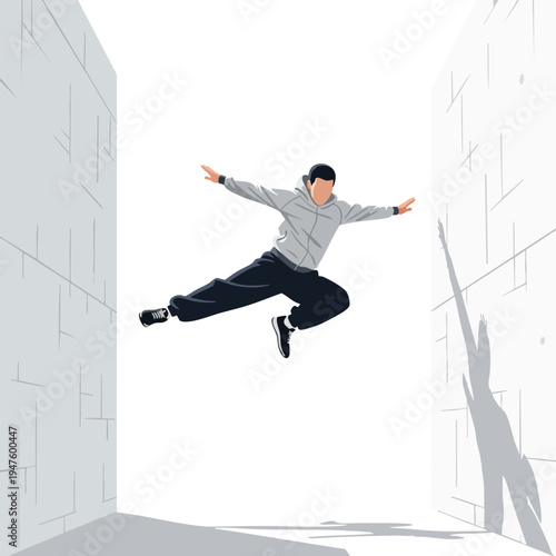 Man in mid-air jump between two grey textured walls