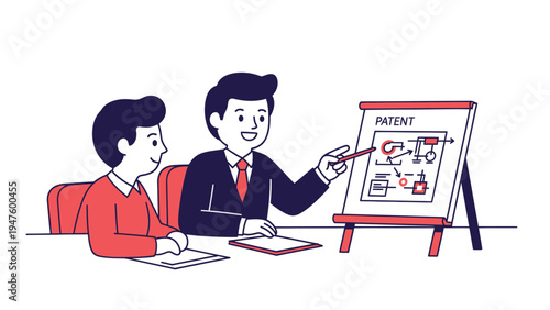 Business professional explaining patent application process and intellectual property rights strategy to a client.