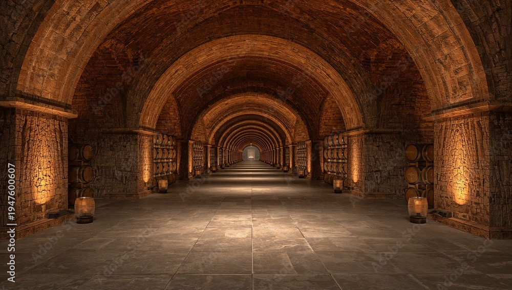 Obraz premium Ancient Rustic Cellar with Arched Ceilings and Soft Illuminated Light