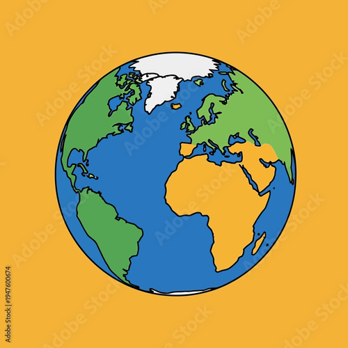A colorful illustration of planet Earth, showcasing continents and oceans against a yellow background.