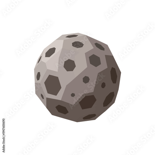 A detailed illustration of a gray, polygonal asteroid with numerous craters and a textured surface.