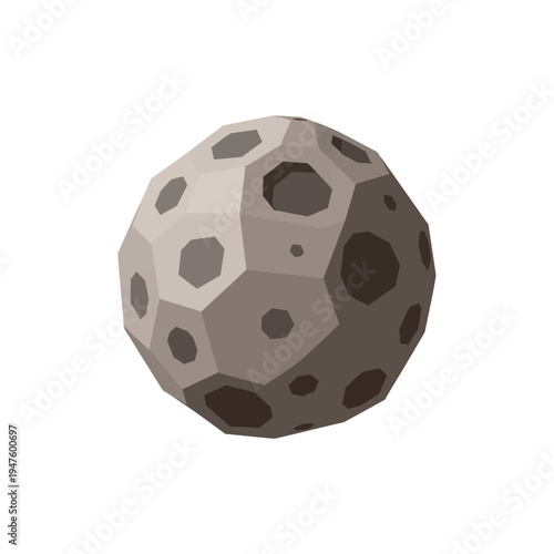 A detailed illustration of a polygonal asteroid with various craters and a textured surface.