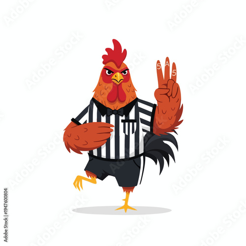 Cartoon rooster referee in striped uniform, one leg up, raising fingers with numbers