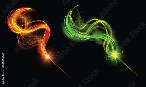 Two glowing wands create vibrant swirling trails of red and green light against darkness