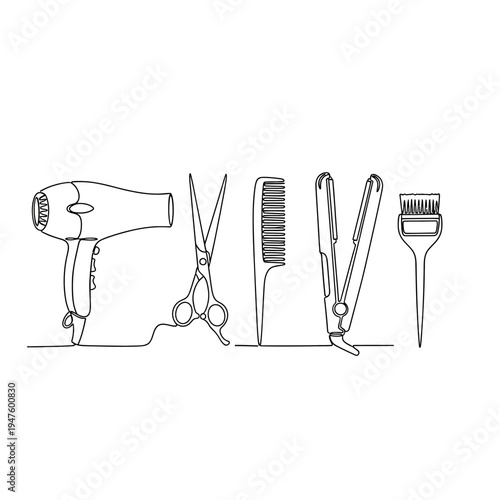Line drawing of hairdressing tools and equipment.