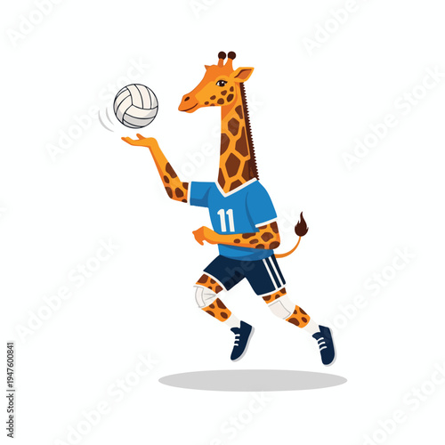 Animated giraffe in blue uniform playing volleyball, mid-serve action