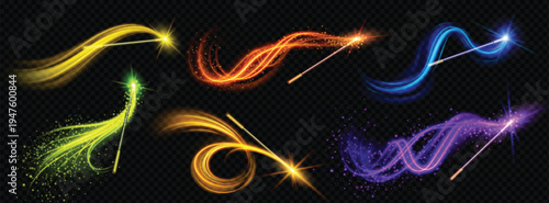 An assortment of colorful glowing light streaks resembling magical wand effects on black