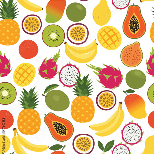 Tropical fruit variety pattern with pineapples, bananas, dragon fruit, mangoes, papayas, kiwis, passion fruit, and a singular red fruit