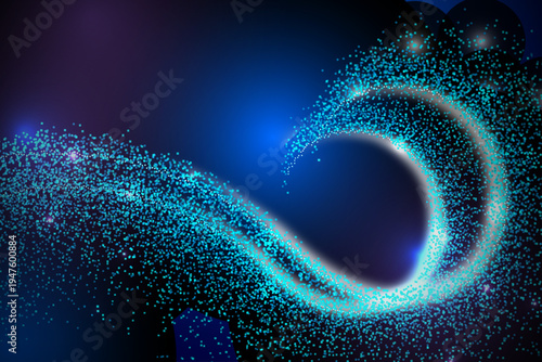 Abstract swirling vortex of glowing turquoise particles against a dark blue background