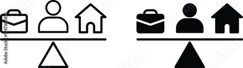 Work Life Balance Scale Icon Set, Business Briefcase Person and Home Balance Concept, Line and Solid Vector Equality Symbol